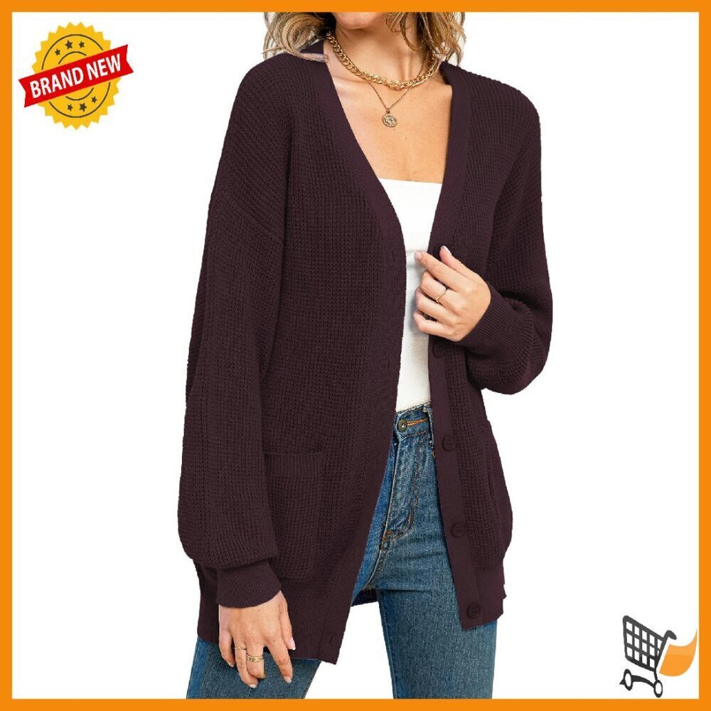 Oversized Cotton Cardigan with Pockets, Chunky Knit, Batwing Sleeves